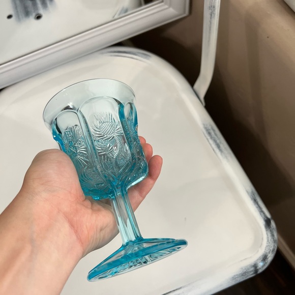 St. Clair Panelled Thistle Cobalt Carnival Glass Wine Goblet Aqua blue vintage - Picture 12 of 12